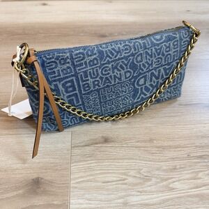 Lucky Brand Women's Denim Purse Logo Print Crossbody Metallic Gold Chain